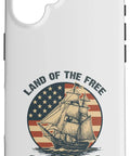 Patriotic Sailboat US Flag Phone Case For iPhone 16 Merica Vibe With Red White And Blue Design showcasing ship illustration and USA flag.