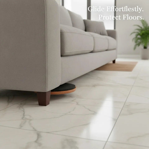 One Round PE Plastic Furniture Sliding Pads Set For Hard Floors Black Glides under sofa leg on marble floor