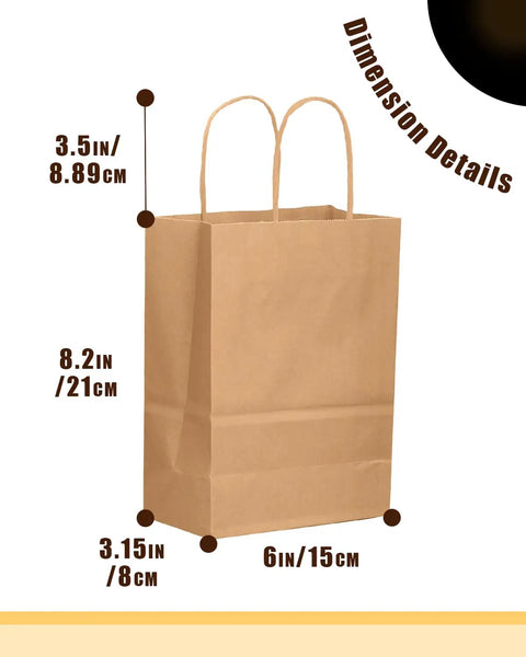 26 Pack Brown Kraft Gift Bags With Handles Bulk Small Size Gift Bags 8.3 x 3 x 6 Inches Eco Friendly Durable For Cookies Pastries And Small Gifts Party Favors And Bulk Buying shown with dimensions labeled