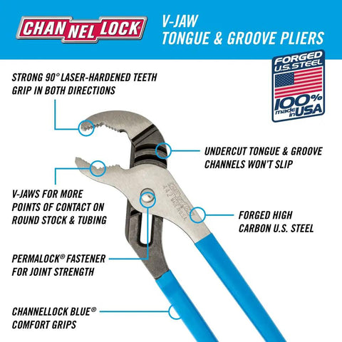 ChannelLock V-Jaw Tongue and Groove Pliers diagram showing features including high carbon steel and undercut groove design.