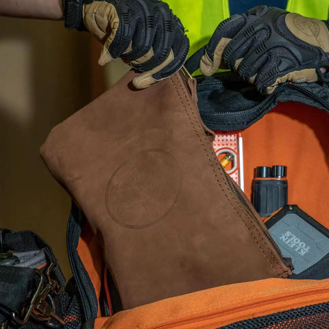 Top-Grain Leather Tool Pouch With Zipper Closure 12.5 Inch Brown Built Tough For Pliers And Wrenches Heavy-Duty Stitching inside a tool bag