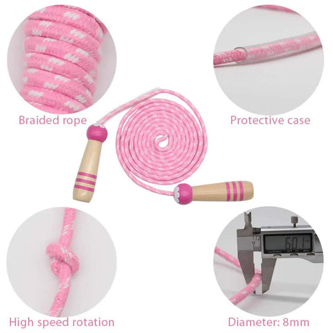 Kids Jump Rope 7ft Adjustable Cotton Skipping Rope With Wooden Handles For Boys And Girls, pink braided design and measurements.