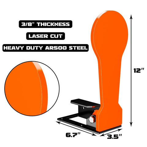 Three Eighths Inch AR500 Popper Steel Target 12 Inch Pop Up Resetting Shooting Target with dimensions and thickness details