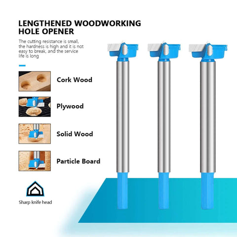 NUSHKI 22mm carbide-tipped hinge hole saw drill bit set (3) with long shanks for wood drilling