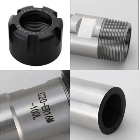 No Sweat ER20 ER25 ER32 Collet Chuck For CNC Milling And Lathe Work With Lengthened Body showing black nut and silver body details.