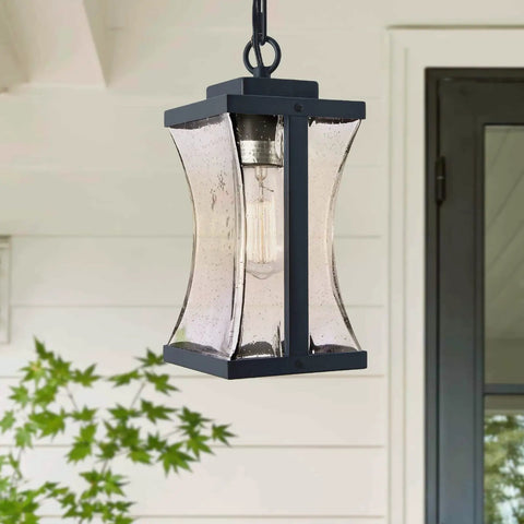 Outdoor Pendant Light Fixture For Porch And Front Door With Adjustable Chain And Air Bubble Glass Matte Black Farmhouse Exterior Lighting