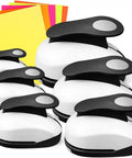 Six Piece Circle Punch Set With All The Right Sizes 0.3in 0.6in 1in 1.5in 2in 3in And Ten Color Sticker Papers for crafts.