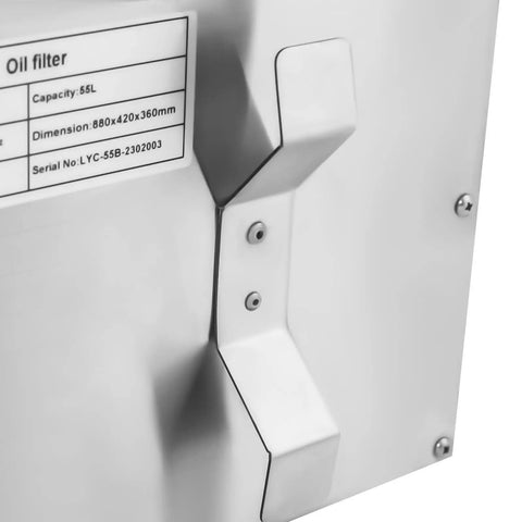 Close-up of Commercial 14.5 Gallon Oil Filtration Cart With Rapid Flow Multi Stage Cleanse showing capacity and dimensions label.