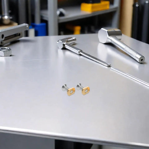 Premium Brass T Nuts With M8 Screws for Surfboard Hydrofoil Tracks, showing durable brass nuts on a metal table.