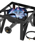 200000 BTU Heavy Duty Propane Burner Boss Level Heat Outdoor Stove with visible blue flame and hose regulator