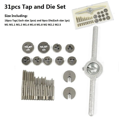 Must-Have 31-Piece Heavy Duty Alloy Steel Tap And Die Set With Wrench For Precision Metal Threading Repairs Perfect For Auto Mechanics, DIY Gurus On The Go Featuring Compact Portable Case Ready To Rock Any Job Site Fast. 31-piece alloy steel tap and die set with wrench, metric sizes and storage case