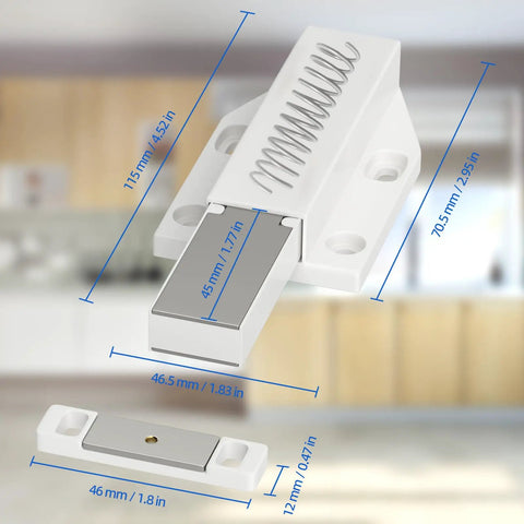 Push To Open Drawer Latch 6 Pack Heavy Duty Magnetic Cabinet Latches showing dimensions and components in kitchen setting