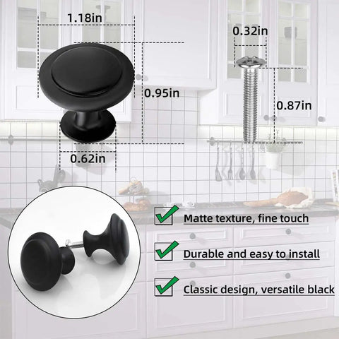 Diagram showing dimensions of Set Of 12 Black Round Cabinet Knobs 1.18 Inch With Screws Matte Finish Stainless Steel Knobs On Zinc Alloy Bases.