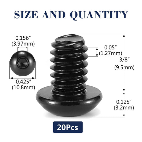 Top Shelf 1 4 20 X 3 8 Button Head Socket Cap Bolts 304 Stainless Steel 18 8 Black Oxide 20 Pack With Hex Driver close-up showing dimensions.