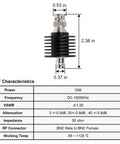 Technical diagram and details of Beefy High Power RF Coax Attenuator 30dB BNC Male To Female 50 Ohm 10W Heavy Duty Signal Reduction.