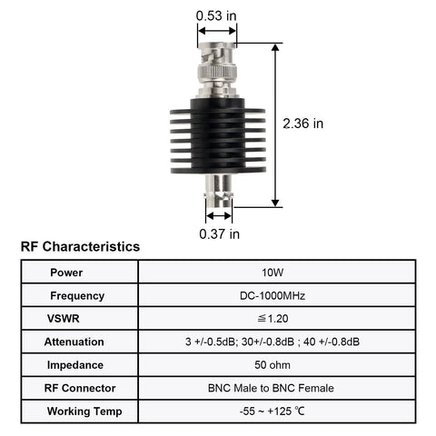 Technical diagram and details of Beefy High Power RF Coax Attenuator 30dB BNC Male To Female 50 Ohm 10W Heavy Duty Signal Reduction.