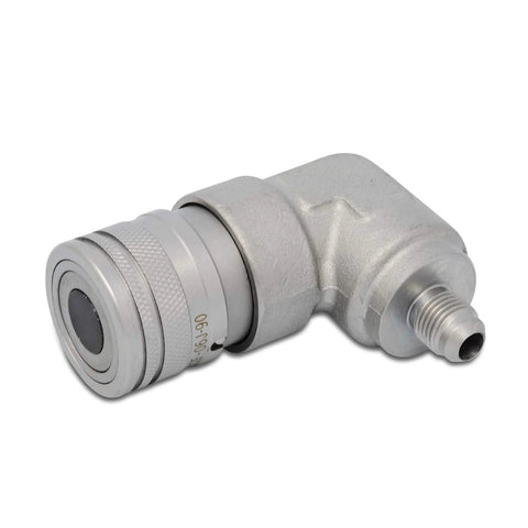 Summit Hydraulics 90-degree flat-face skid-steer hydraulic quick-connect coupler, side view, 3/8 in JIC male thread.