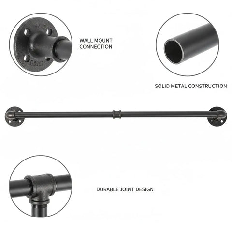 Space Saving Garment Rack for Entryway and Bedroom with industrial metal rod, wall mount connection, and durable joint design.