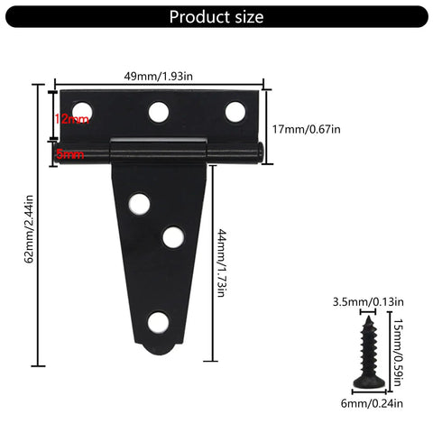 Product size diagram of Four Pack Badass Heavy Duty T Strap Hinges Built Tough From Rustproof Wrought Iron.