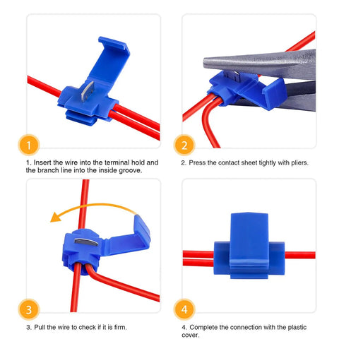 Installation steps for 100 Piece Quick Splice Solderless Wire Connectors T Tap Kit, Insulated Terminal Assortment For 22 To 18, 18 To 14, 12 To 10 AWG Cables.