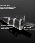 Step Drill Bit Set With Nineteen Sizes From Three Sixteenth Inch To One And Three Eighth Inch Double Fluted Cutting Bits For Stainless Steel Metal Aluminum Copper Wood PVC Great For DIY Projects And Drilling Efficiency, close-up view of bit features and hex shank.