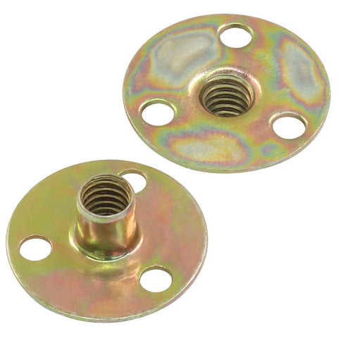 16 Pack One Quarter Inch Twenty Brad Hole T Nuts With Round Base, carbon steel, galvanized, flange insert, female thread