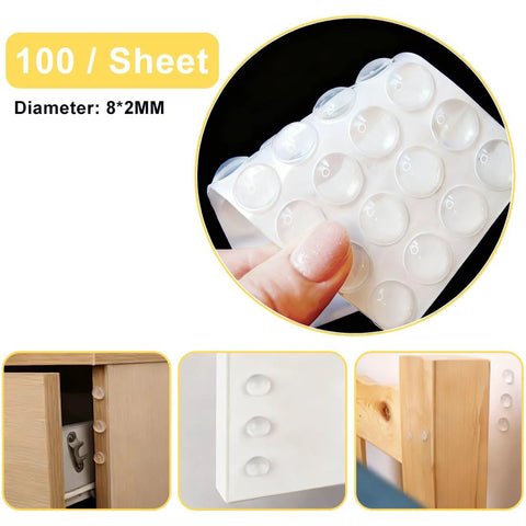 Clear self adhesive cabinet door bumpers 6mm diameter 2mm thick noise reducing non skid cushions pack of 100 visible in use.