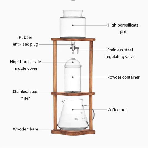 Portable Cold Brew Drip Tower And Adjustable Iced Coffee Maker Featuring Removable Filter For Smooth Extraction with glass and wood parts.