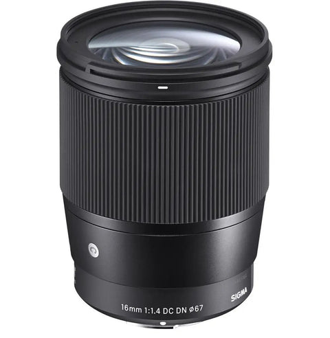 16mm F1.4 DC DN Contemporary Wide Angle Prime Lens For Sony E Mount Low Light Boss, front view showing lens details and brand logo.