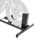 Heavy Duty Motorcycle Wheel Chock Stand With 1800 Lb Capacity Steel Construction 6 Adjustable Holes Fits 15 To 22 Inch Wheels Works With Off Road And Street Bikes Built To Last Tough As Nails For Real World Use, shown holding a motorcycle wheel