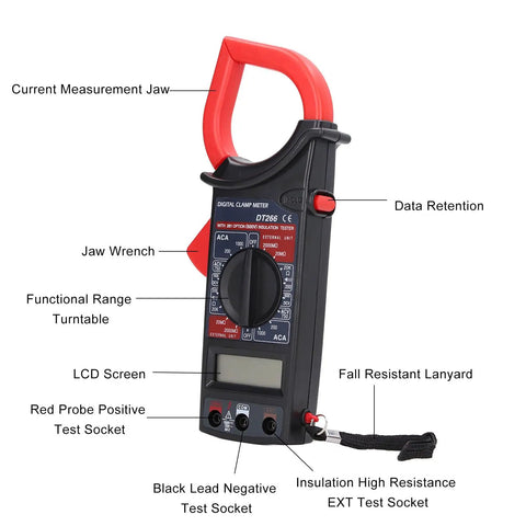 AC DC Auto Range Clamp Meter With Beeper 1000A Voltage Tester, NCV Testing, showing labeled parts and digital screen