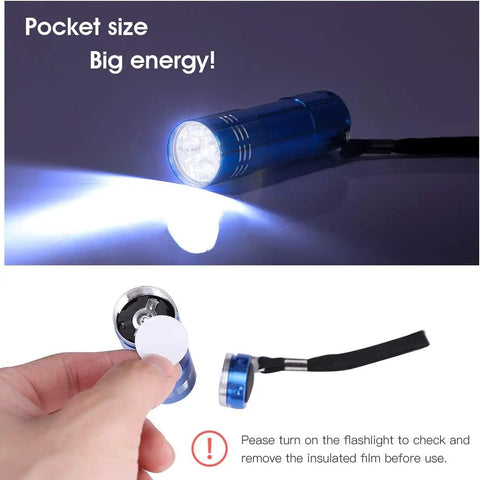 5 Pack Dope Mini LED Flashlights Handheld Aluminum Torches With Lanyards And AAA Batteries Included Assorted Colors For Camping Power Outages Night Reading And More, blue flashlight in use