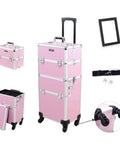 2 In 1 Rolling Makeup Case For Travel And Studio, Aluminum Frame Cosmetic Train Case in pink with lockable latches and 360-degree wheels