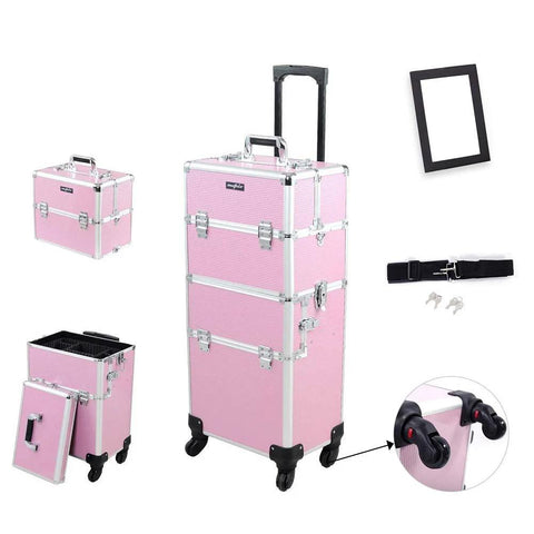 2 In 1 Rolling Makeup Case For Travel And Studio, Aluminum Frame Cosmetic Train Case in pink with lockable latches and 360-degree wheels