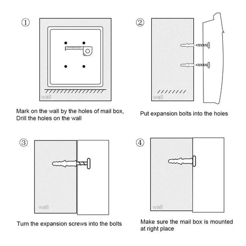 Installation diagram for Sturdy Heavy Duty Large Capacity Wall Mount Mailbox With Lock And Newspaper Compartment For Outdoor Use.