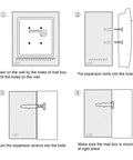 Installation steps for Stainless Steel Wall Mounted Mailbox with Key Lock Large Capacity Mailbox with Newspaper Compartment shown.