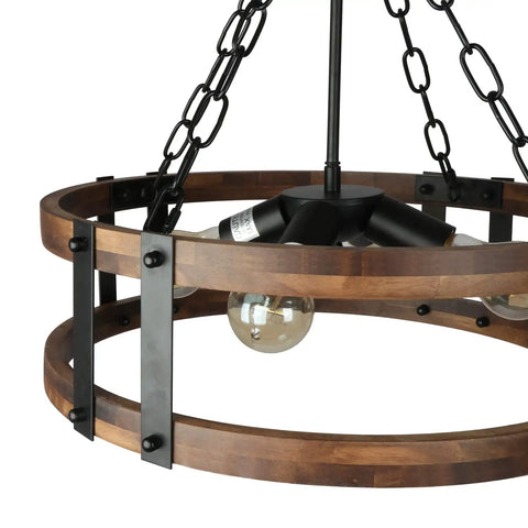 Close-up of Dope Farmhouse Rustic Wood Drum Chandelier With Black Metal Accents, 4 Light Pendant for vintage industrial style.