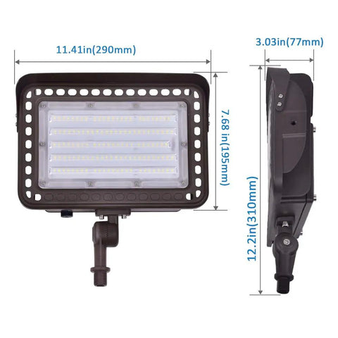 Powerful 100W LED Flood Light Outdoor 14000LM IP65 Waterproof with adjustable knuckle mount shown in front and side view