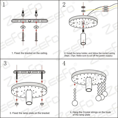 Installation steps for Mini Crystal Chandelier Ceiling Light Flush Mount including brackets and crystal hanging