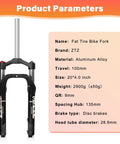 Beefy Fat Tire Front Fork With 100mm Travel, 135mm Hub Spacing, 9mm QR, Crown Lockout, 4.0 Inch Wide Fat Tires, For Snow Beach XC Trails
