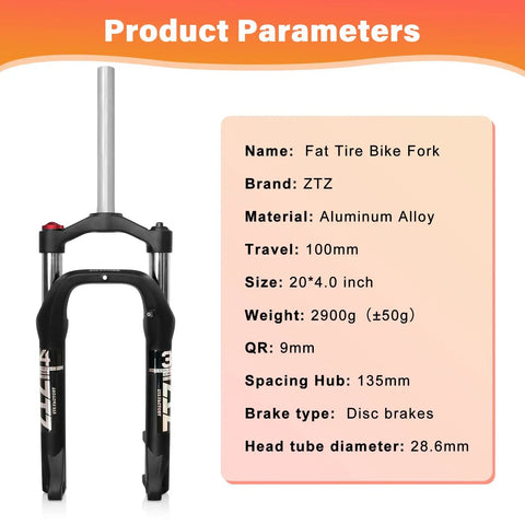 Beefy Fat Tire Front Fork With 100mm Travel, 135mm Hub Spacing, 9mm QR, Crown Lockout, 4.0 Inch Wide Fat Tires, For Snow Beach XC Trails