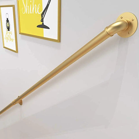 Industrial Pipe Stair Handrail Kit Golden Wall Mounted Railing System for Home Interior, showing wall-mounted gold pipe handrail.