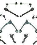 Front And Rear 12 Piece Steering Suspension Kit With Control Arms Ball Joints Tie Rods And Sway Bar Links Fits Lexus GS300, components laid out clearly.