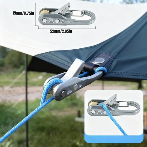 Rope Tightener And Guyline Tensioner 6 Pack For Camping Heavy Duty Retractable Paracord With Alloy Carabiner Clips in use on tent
