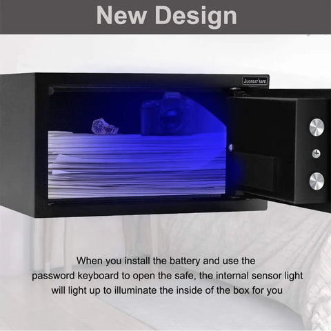 Open view of Electronic Digital Security Safe With Induction Light No Nonsense Tough Steel Build For Home Office Or Hotel Wall Or Cabinet Mountable 0.4 Cubic Feet Black with documents inside and induction light illuminating interior.