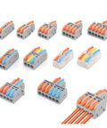 Compact Mini Push In Wire Connector 10 Pcs Splitter Block For Tool Free Splicing Solid And Stranded Copper Wires In Home Wiring Or Led Projects With Flame Retardant Pa66 Housing And Tin Plated Contacts Rated For Heavy Duty Electrical Jobs. Gray mini push-in wire connectors with orange levers.