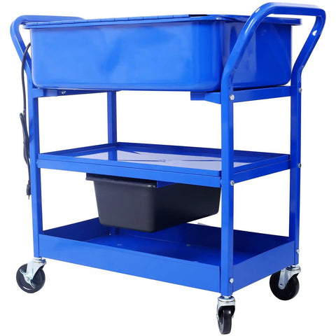 No-Nonsense Heavy Duty 20 Gallon Portable Parts Washer With Big Wheel Casters And Blazing 325 Gph Pump, Powder Coated Steel Shop Sink For Greasy Automotive Tools on mobile cart with blue tank.