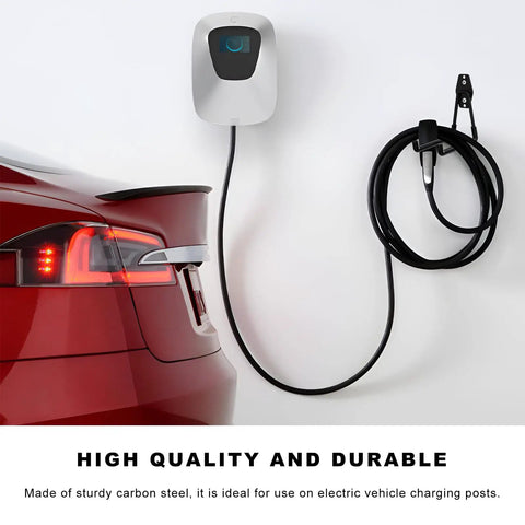 Heavy Duty U Shaped Garage Hooks With Slick Non Slip Coating For EV Charging Cable Holder on wall near red car.