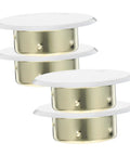 Four Pack Heavy Duty Metal Fire Sprinkler Nozzle Cover Plates in white and gold finish for concealed automatic sprinkler systems.