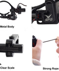 Close-up of Drop Away Arrow Rest for Compound Bow featuring metal body, clear scale, and strong rope, black finish.